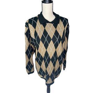 Alfred Dunner Argyle Sweater Black Gold White Shimmer Collar Vintage Size Large